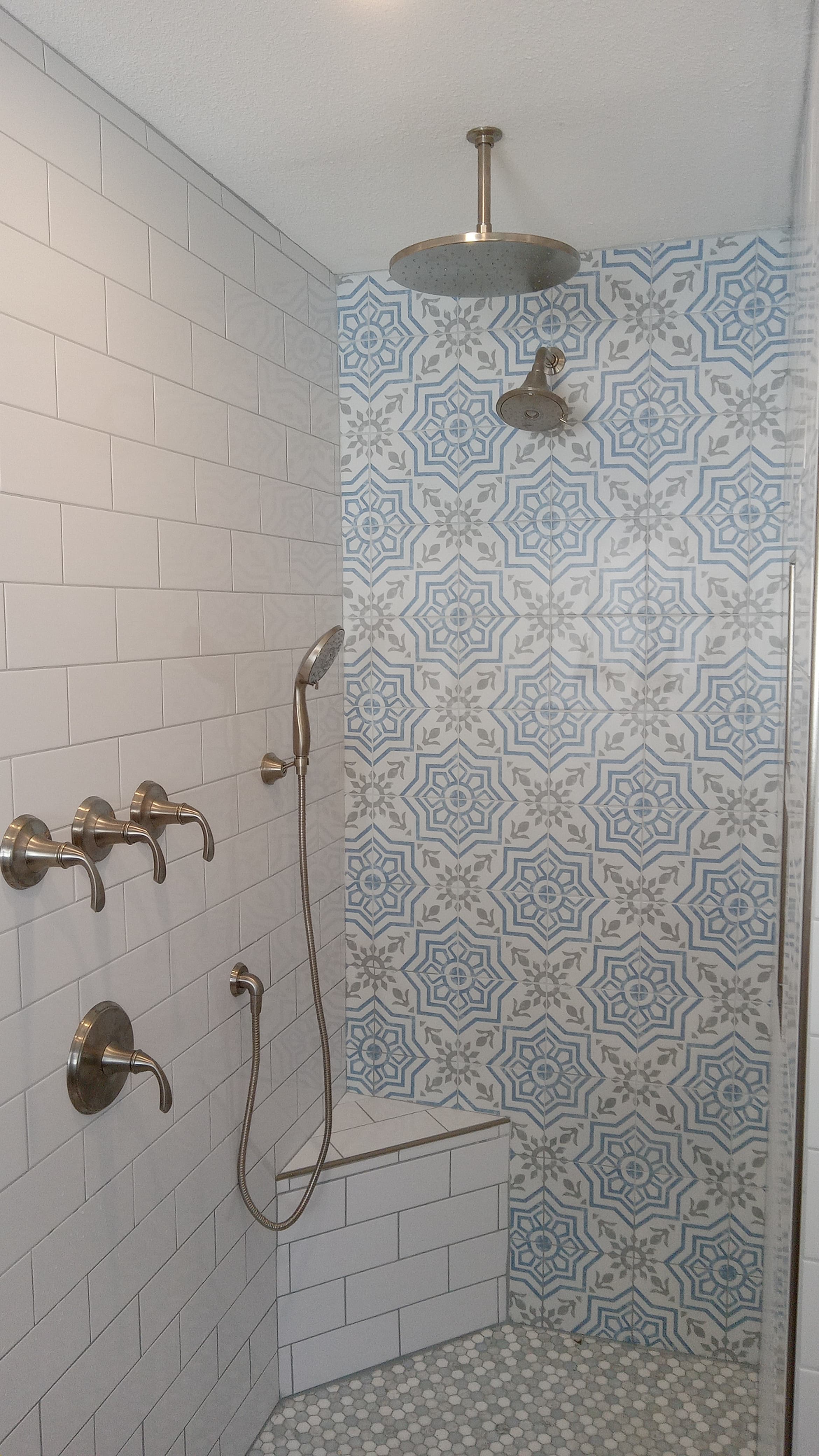 Blue & White Patterned Tile Shower — bathroom remodel in Encinitas