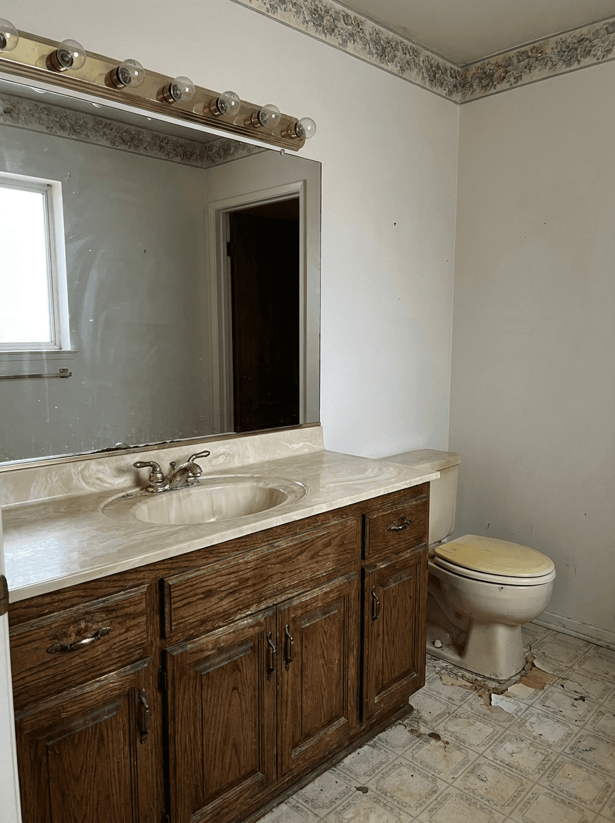 Modern Vanity & Hex Tile Floor — before remodel